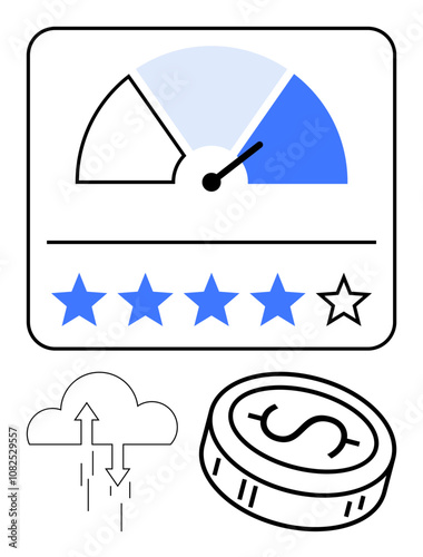 Performance meter with three blue segments, four blue stars, and one grey star. Coin icon and cloud with arrows. Ideal for business analytics, customer satisfaction, finance, cloud computing