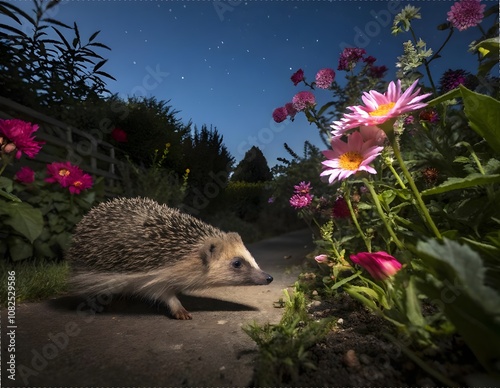 Curious Hedgehog Exploring a Garden Under the Stars at Night