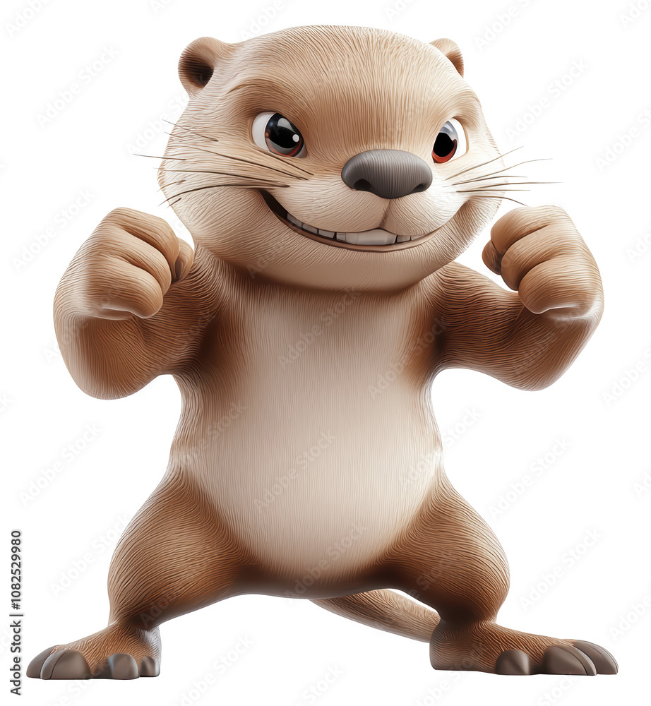 Naklejka premium A cartoon otter is standing with his arms raised and looking at the camera. The otter has a big smile on his face and he is happy and excited