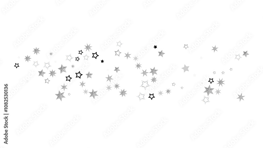 Abstract image of scattered silver stars on a black background. The stars are of different sizes and sparkle, creating a dreamy and magical atmosphere.