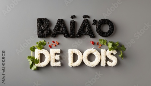 Delicious Baião de Dois Text Art with Black and White Rice Displayed on a Gray Background, Reinforcing the Rich Culinary Heritage of Brazilian Cuisine photo