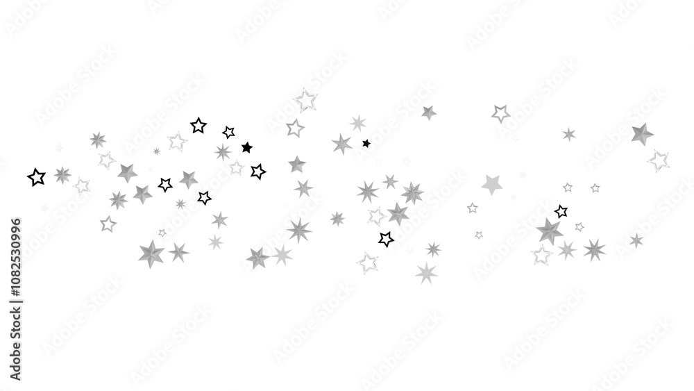 Abstract image of scattered silver stars on a black background. The stars are of different sizes and sparkle, creating a dreamy and magical atmosphere.