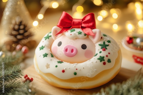 Christmas-themed plush soft doughnut with white icing, green sprinkles, and a red bow on top. Christmas Piglet toy character with pink cheeks and a nose in front of festive decorations