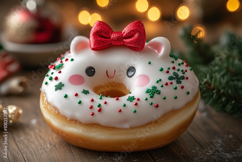 Christmas-themed plush soft doughnut with white icing, green sprinkles, and a red bow on top. Christmas Piglet toy character with pink cheeks and a nose in front of festive decorations