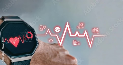 Smartwatch heart rate monitor with angular chart screen, wellness monitoring, digital health, wearable technology, systolic tracking