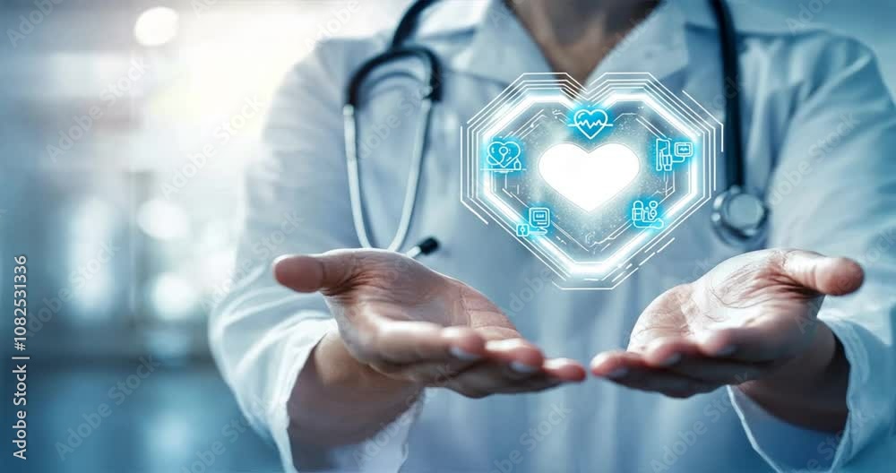 Medical professional with heart shaped hexagon hologram above hands, futuristic healthcare, symbolic heart health, innovative medical tech Medical professional with heart shaped hexagon hologram above hands, futuristic healthcare, symbolic heart health, innovative medical tech