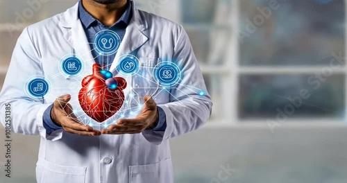Doctor holds human heart in hands, showing medical icons with blue lines, patient care, systolic health, digital healthcare