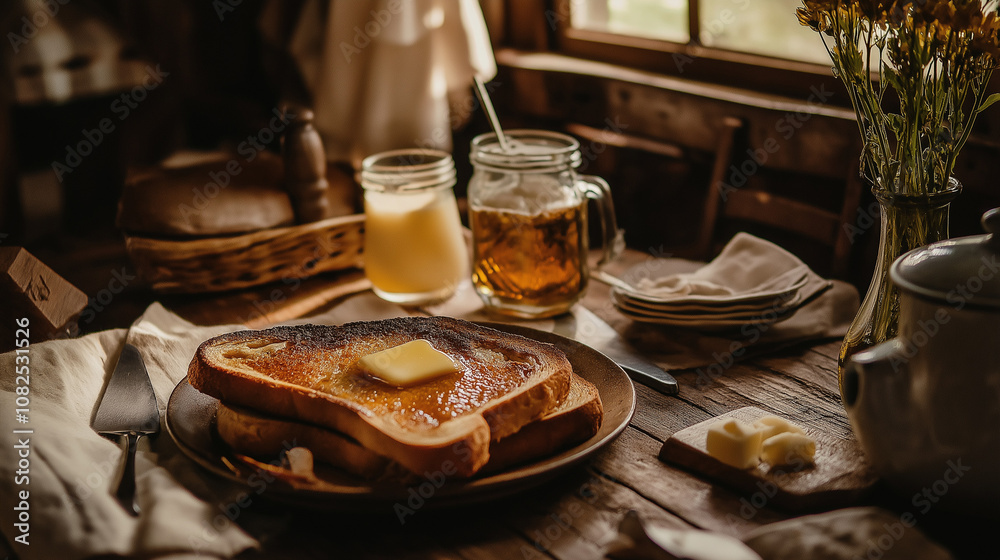 Golden toast with melting butter in a rustic breakfast scene, showcasing warm textures and rich flavors Golden toast with melting butter in a rustic breakfast scene, showcasing warm textures and rich flavors