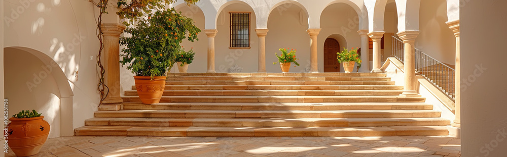 Naklejka premium Serene Courtyard with Arched Architecture and Greenery on Sunlit Steps