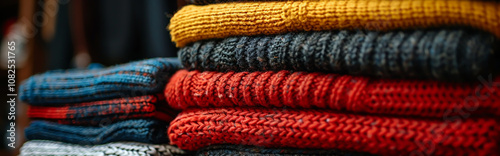 Colorful Stack of Knitted Woolen Sweaters in Cozy Autumn Colors - Design for Print, Card, Poster