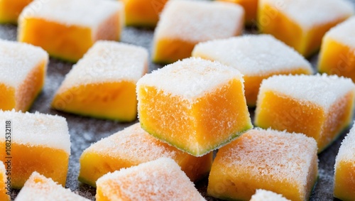 Close-Up of Frozen Mango Chunks Displayed in a Full Frame Perspective, Showcasing the Vibrant Orange Color and Icy Texture for Culinary Inspirations photo