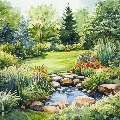 Botanical Oasis: Peaceful Watercolor Landscape Design in a Lush Garden Setting