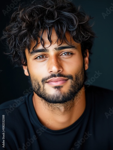 Portrait of a young Algerian man with a beard with a thoughtful expression, soft studio lighting on a dark background