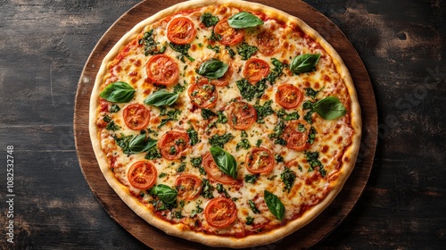 Delicious Margherita Pizza with Fresh Tomatoes and Basil Leaves