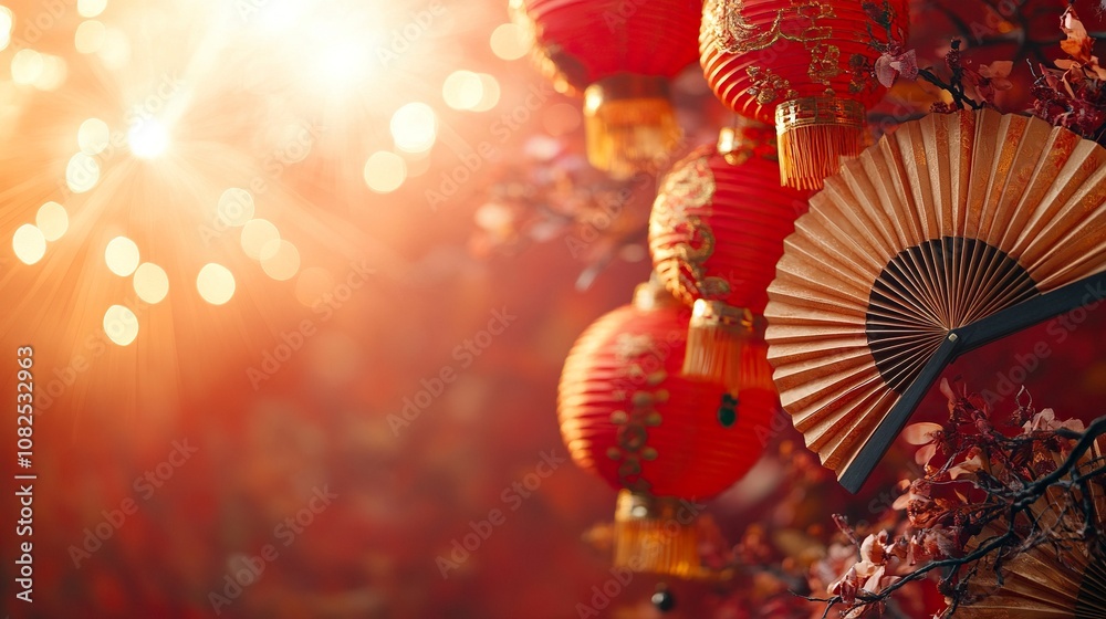 Vibrant Lunar New Year celebration background with traditional Chinese elements. A clean and elegant red backdrop featuring golden lanterns, generative ai Vibrant Lunar New Year celebration background with traditional Chinese elements. A clean and elegant red backdrop featuring golden lanterns, generative ai