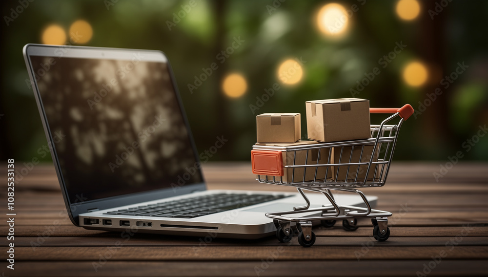 Small shopping cart with boxes on a laptop computer, an online shopping concept. Stock photo contest winner, commercial photography, high resolution, high detail, high quality. Small shopping cart with boxes on a laptop computer, an online shopping concept. Stock photo contest winner, commercial photography, high resolution, high detail, high quality.