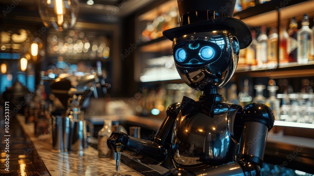 A futuristic robot bartender wearing a top hat and bow tie stands behind a bar counter in a dimly lit lounge. A futuristic robot bartender wearing a top hat and bow tie stands behind a bar counter in a dimly lit lounge.