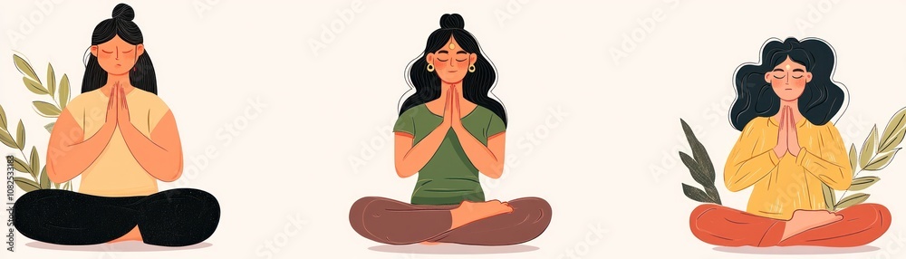 Three women practicing meditation in a serene, minimalist setting. Three women practicing meditation in a serene, minimalist setting.