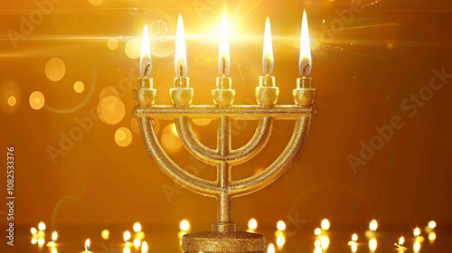 Glowing Hanukkah Menorah Lit with Candles on Golden Background - Perfect for Holiday Cards and Posters