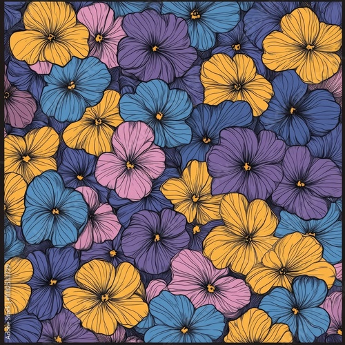 Hand-Drawn Violet Viola Tricolor Pattern for Floral Fabric and Wallpaper Design