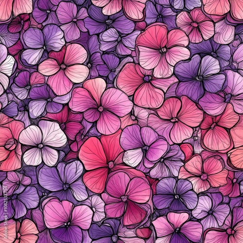 Hand-Drawn Viola Bloom Pattern. Floral Design for Fabric, Wallpaper, and Card