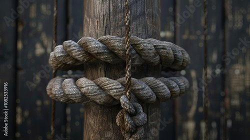 Close-up of a weathered wooden post with thick rope wrapped around it. The rope is tied in a knot and the wood has a rough, worn texture.