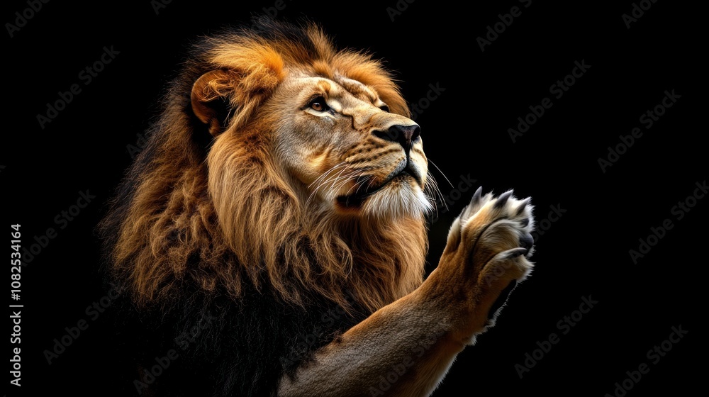Naklejka premium Majestic Lion with Paw Raised in Prayer-like Pose