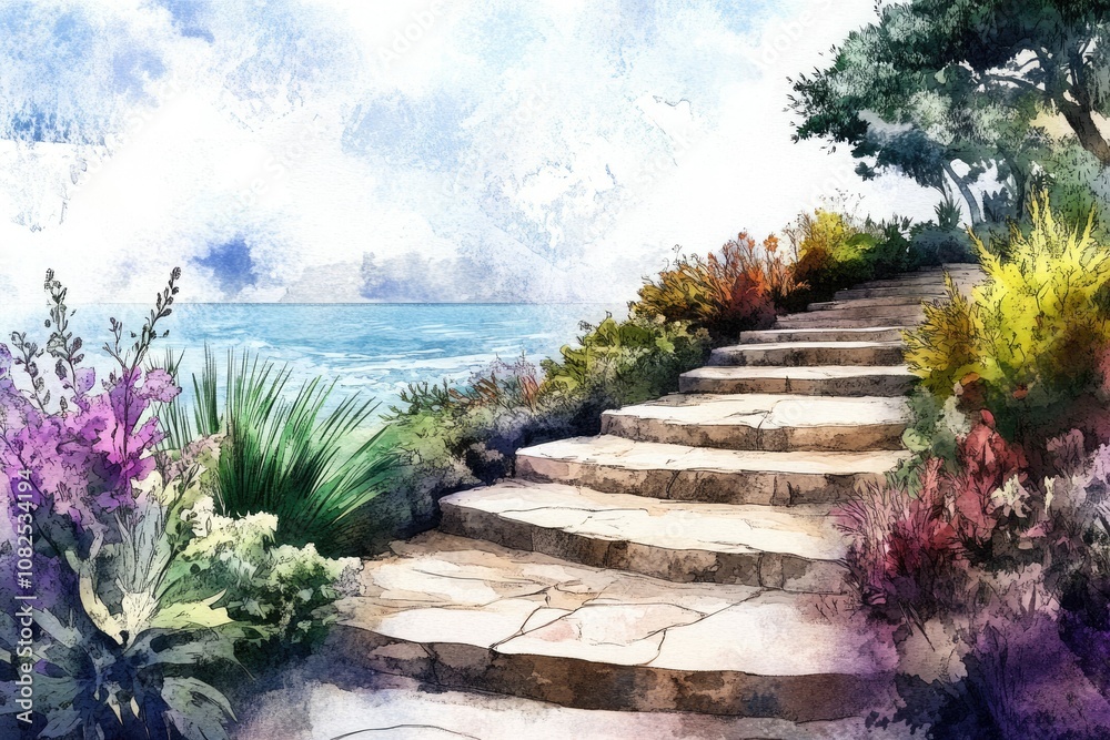 Obraz premium Hand-painted Scenic Garden Landscape with Stone Steps and Walking Path