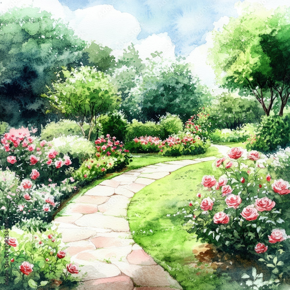 Idyllic Rose Garden Landscape in Watercolor with Lush Greenery and Blooming Flowers Idyllic Rose Garden Landscape in Watercolor with Lush Greenery and Blooming Flowers