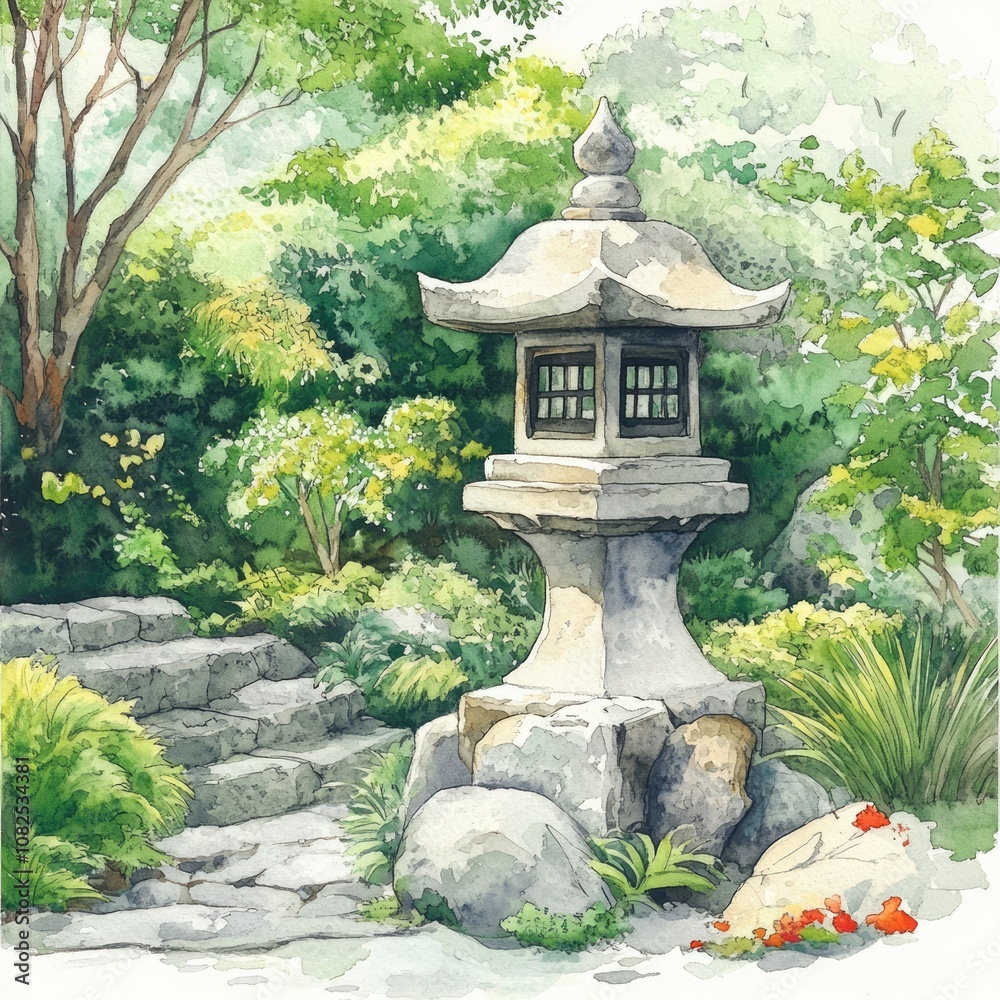 Japanese Zen Garden: Serenity in Nature with Hand Painted Stone Lantern and Watercolor Landscape Japanese Zen Garden: Serenity in Nature with Hand Painted Stone Lantern and Watercolor Landscape