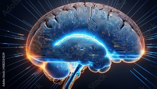 Abstract Neon Brain with Futuristic Circuit Design