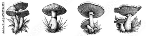 An illustration with a transparent background showing a narcotic mushroom engraving
