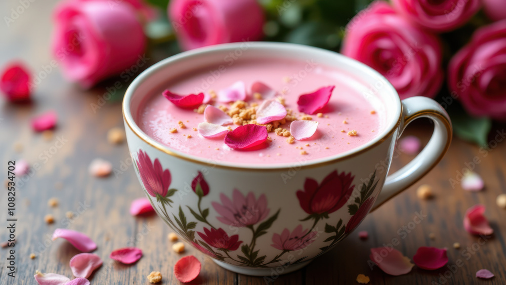 A cup of pink matcha with rose petals sprinkled on top, sitting on a wooden surface. A cup of pink matcha with rose petals sprinkled on top, sitting on a wooden surface.