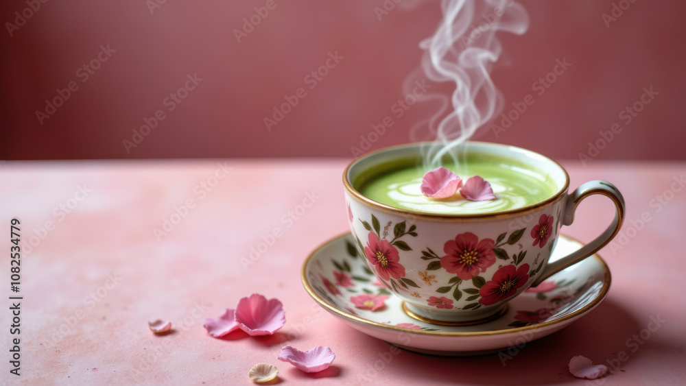 A delicate porcelain teacup with floral pattern, filled with a steaming beverage resembling matcha tea, sitting atop pink petals and a purple table. A delicate porcelain teacup with floral pattern, filled with a steaming beverage resembling matcha tea, sitting atop pink petals and a purple table.