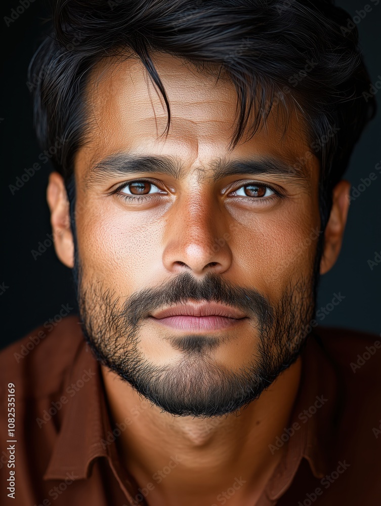 Fototapeta premium Portrait of a young Bolivian man with a beard with a thoughtful expression, soft studio lighting on a dark background