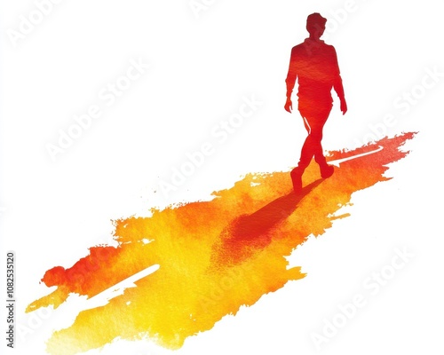 Silhouette of a person walking on a vibrant watercolor background.