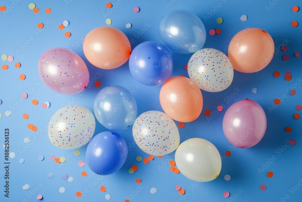 Birthday Party Scene with Balloons and Confetti on a Blue Background Birthday Party Scene with Balloons and Confetti on a Blue Background