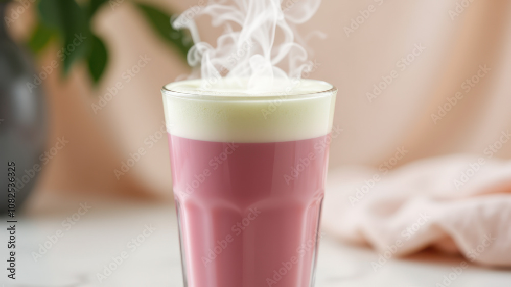 A cup of hot pink matcha latte with steaming top on a white surface. A cup of hot pink matcha latte with steaming top on a white surface.