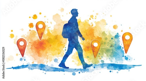 Silhouette of a traveler walking with colorful watercolor background