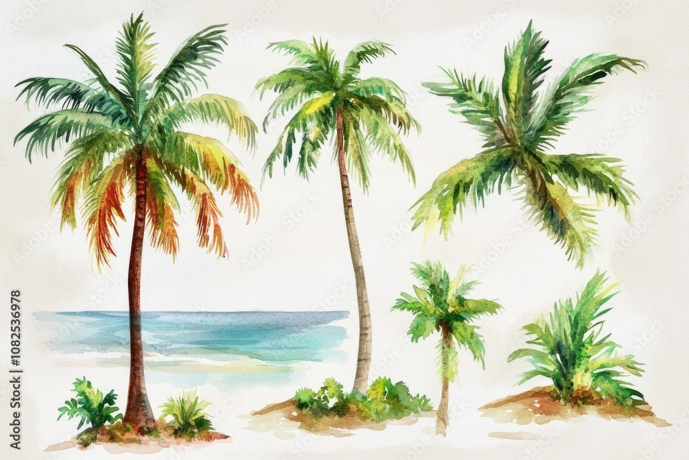 Fototapeta premium Tropical Paradise Oasis. Hand-painted Watercolor Illustration of Exotic Flora and Fauna