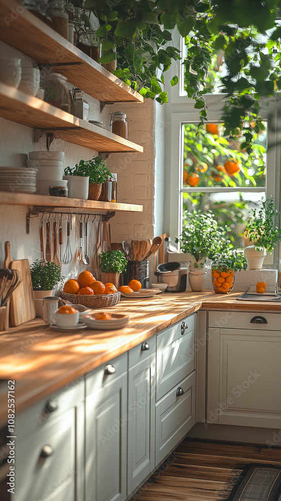 Modern industrial kitchen setup in neutral palette with cooking utensils and decorative elements.