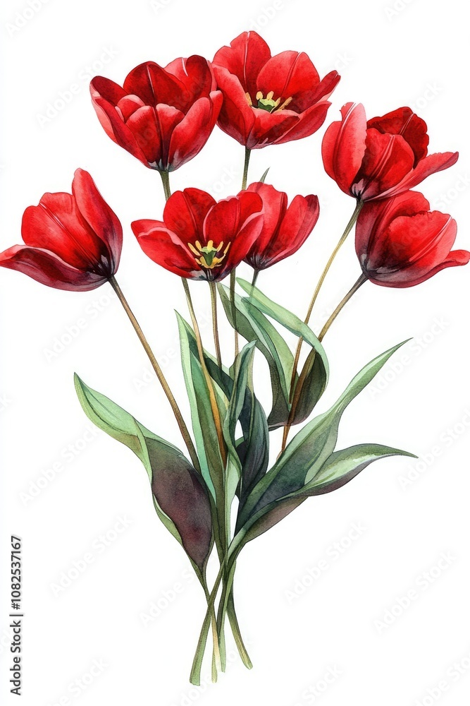 Vibrant Tulip Bouquet: Hand-drawn Watercolor Illustration of Red Tulips in Bloom Vibrant Tulip Bouquet: Hand-drawn Watercolor Illustration of Red Tulips in Bloom
