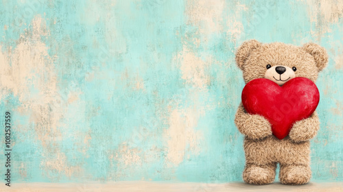 A cute, fluffy teddy bear holds a bright red heart against a soft turquoise background, radiating warmth and affection.