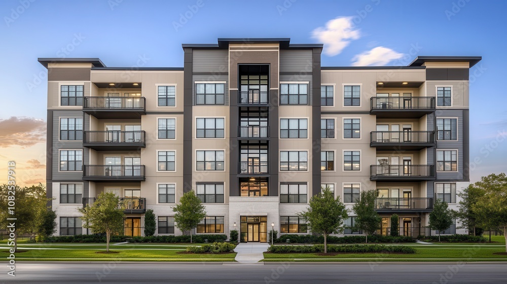 Modern apartment building with multiple balconies and windows, surrounded by trees and grass, on a paved street with a clear blue sky. Modern apartment building with multiple balconies and windows, surrounded by trees and grass, on a paved street with a clear blue sky.