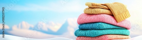 Travel items for a winter vacation concept. A vibrant stack of colorful sweaters on a snowy landscape under a clear blue sky, evoking warmth and cozy winter vibes