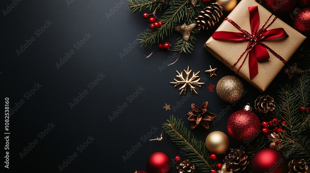 Christmas gift, fir tree branches, red and gold ornaments decorating dark background Christmas gift, fir tree branches, red and gold ornaments decorating dark background