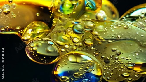 Wallpaper Mural Close up of yellow oil droplets and bubbles on dark background, creating abstract texture that showcases fluid movement and vibrant colors, enhancing visual experience. Torontodigital.ca