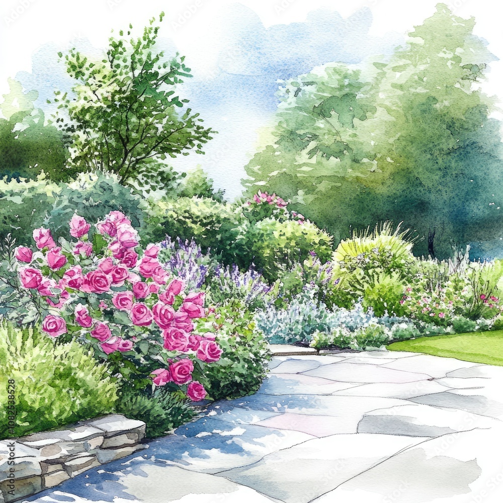 Fototapeta premium Watercolor Rose Garden: Elegant Landscape Design with Lush Plantings and Blooming Flowers
