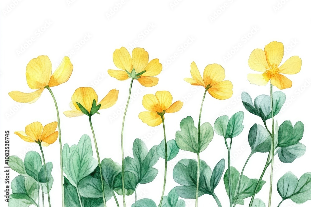 Obraz premium Wild Herbal Garden. Watercolor Botanical Illustration of Bright Yellow Celandine Flowers