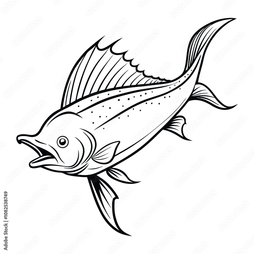 Fototapeta premium dolphin (mahi-mahi fish) fish design, labeled linocut vector silhouette illustration.
